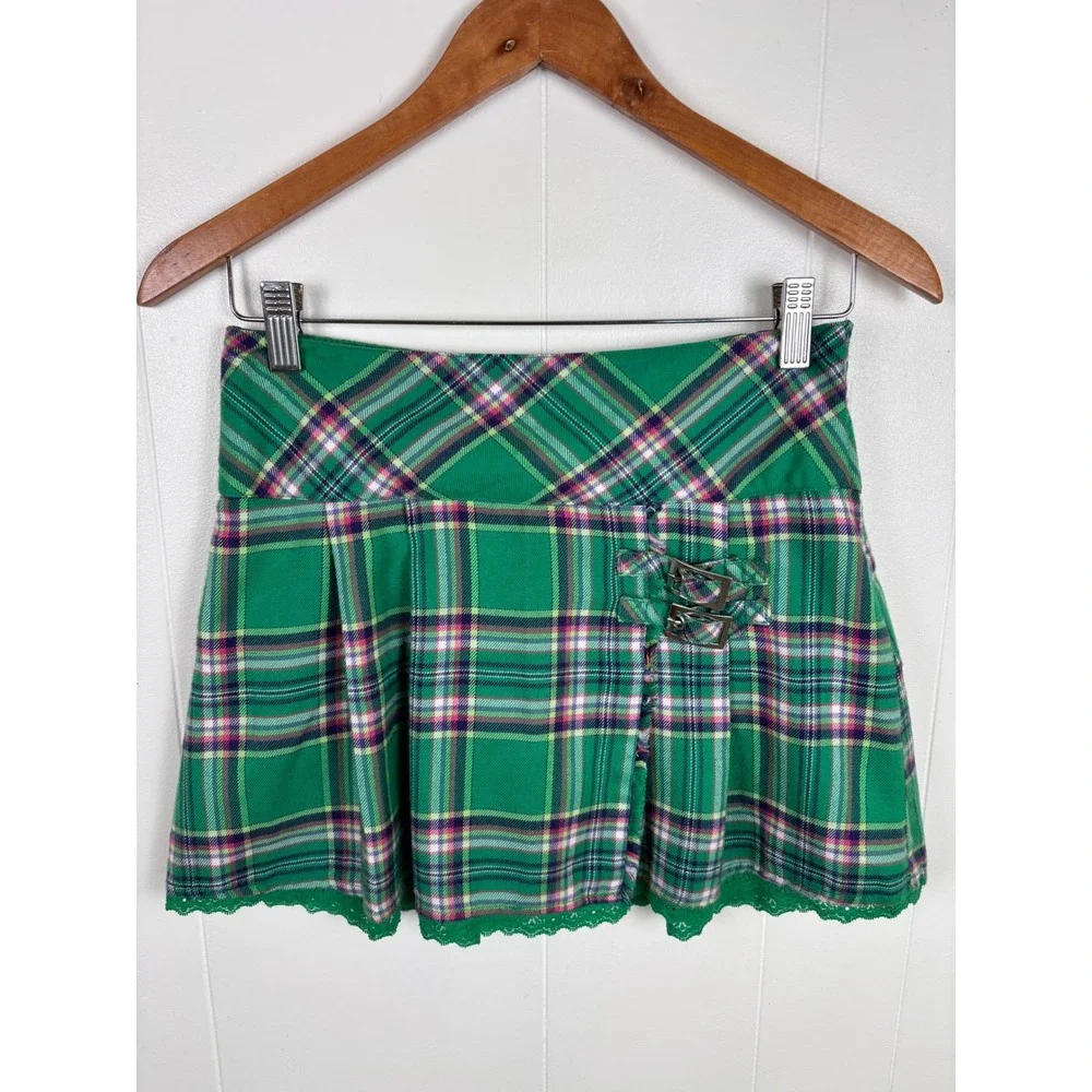 Y2K Justice Green Plaid‎ Pleated Mini Skorts Kilt Style Buckle Girls Size 12